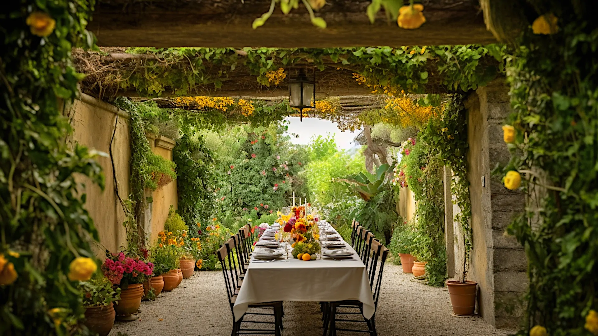 sicilian-mediterranean garden with laid table